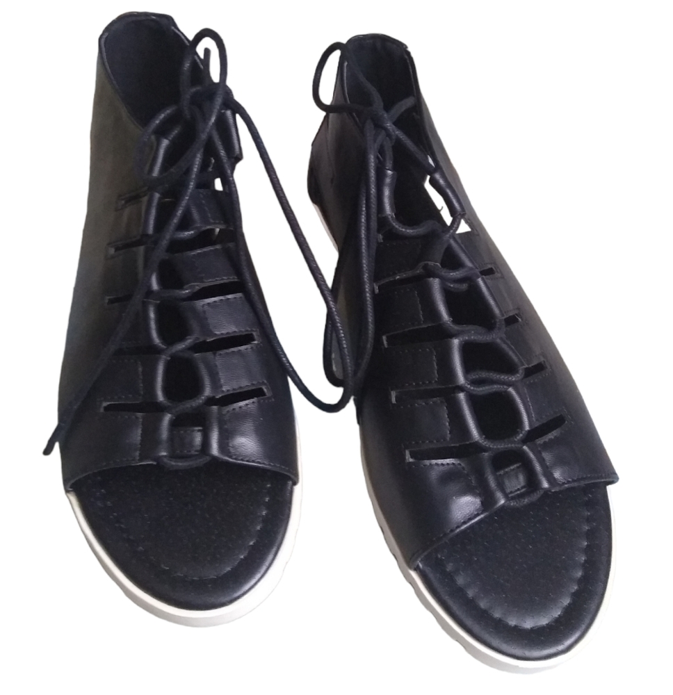 New Black Faux Leather Caged Lace Up Lightweight Flat Gladiator Sandal